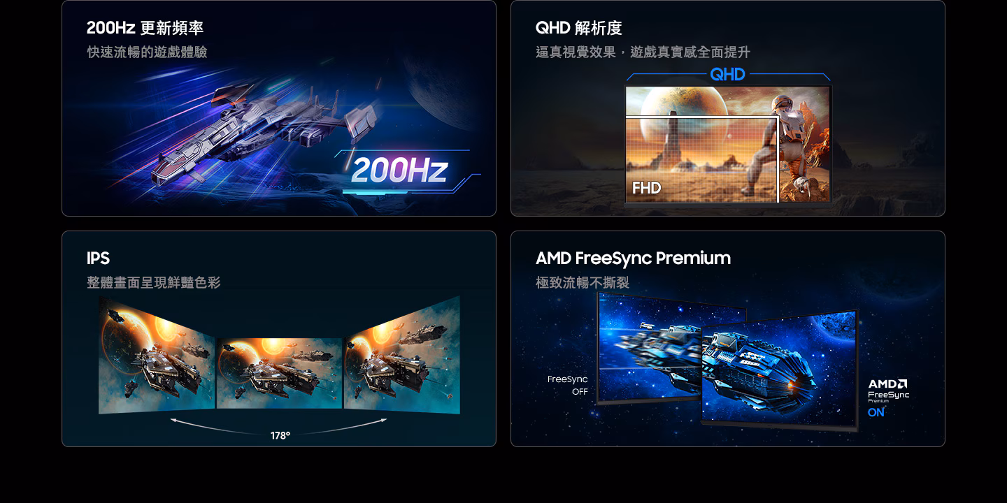200Hz 更新頻率。快速流暢的遊戲體驗。QHD 解析度。逼真視覺效果,遊戲真實感全面提升。QHD 解析度顯示一名角色正從遠處觀看建築物,而 FHD 解析度僅顯示角色的一部分。IPS。整體畫面呈現鮮豔色彩。三部顯示器並排放置,提供 178° 的視角。AMD FreeSync Premium。極致流暢不撕裂。兩個螢幕顯示一艘太空船。FreeSync 關閉時的影像比 AMD FreeSync Premium 開啟時的影像更不連貫。AMD FreeSync Premium 標誌。
