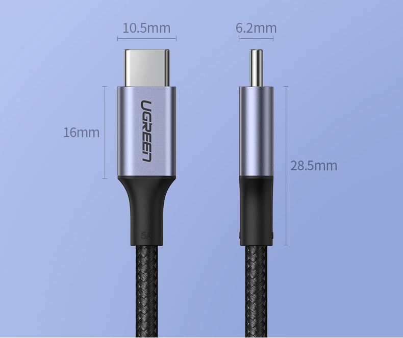 綠聯 PD 100W 5A快充電線/傳輸線Type-C對Type-C金屬殼編織線產品外觀尺寸