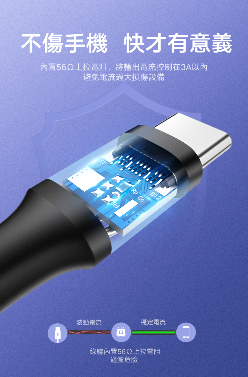 綠聯 USB-C/Type-C快充傳輸線 升級版可將電流控制在3A內，不傷手機