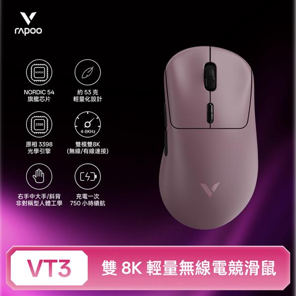 雷柏Rapoo VT3 輕量雙模雙8K人體工學電競滑鼠-冰莓粉