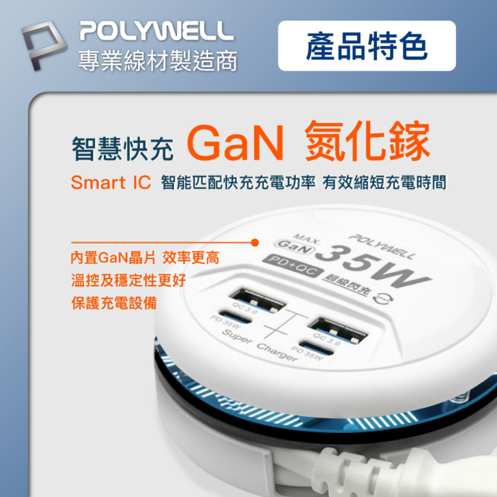 35W收納式電源線快充頭 4孔 USB Type-C GaN氮化鎵 BSMI認證