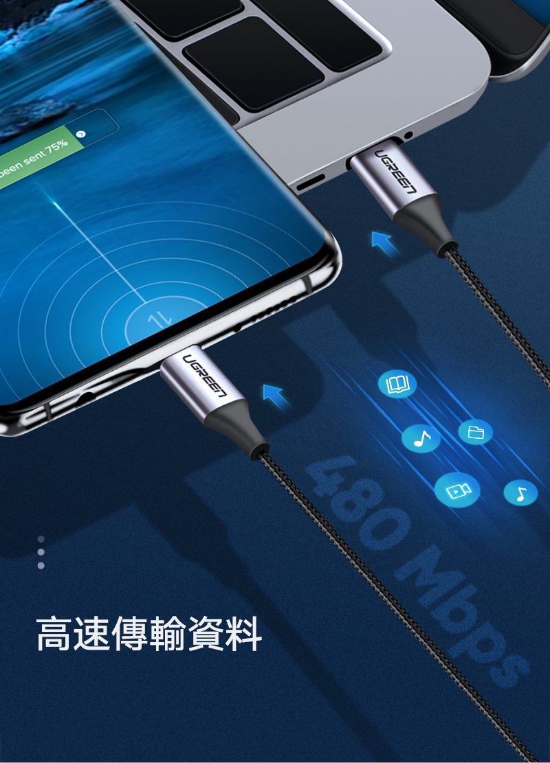 綠聯USB-C/Type-C 3A快充傳輸線 公對公傳輸線 60W快充 金屬編織版支援480Mbps高速資料傳輸