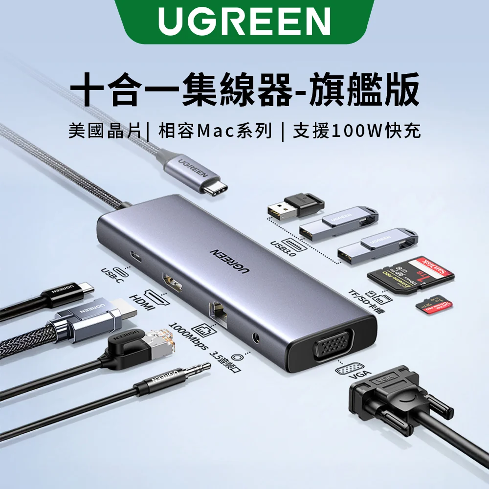 綠聯 十合一 TYPE-C 集線器 HDMI+VGA 旗艦版[使用美國德州儀器晶片]