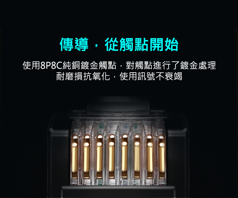 綠聯 CAT6A網路線採用8P8C純銅鍍金觸點，耐磨損、抗氧化，訊號不衰竭
