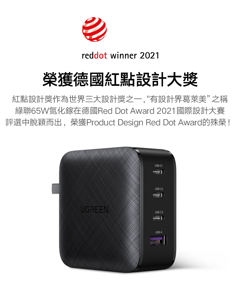 綠聯 65W 氮化鎵 GaN Type-C USB 四孔 PD 快充充電器 3C1A榮獲德國紅點設計大獎