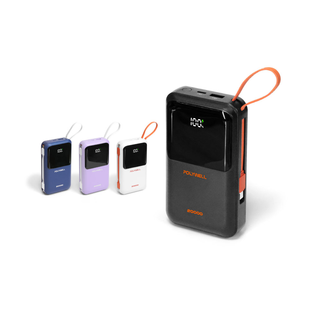 自帶線行動電源 20000毫安 Type-C/蘋果線 USB/Type-C孔 數顯