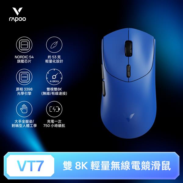 雷柏Rapoo VT7 輕量雙模雙8K人體工學電競滑鼠-深海藍