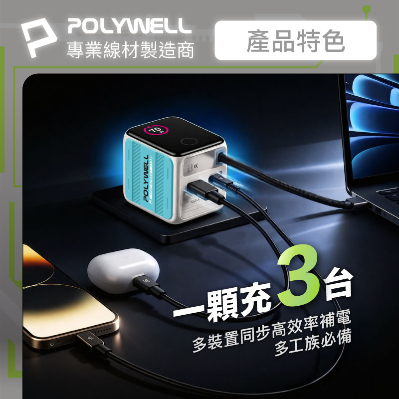 70W多模數顯伸縮線快充頭 Type-C+USB孔 氮化鎵GaN電源供應器可充筆電