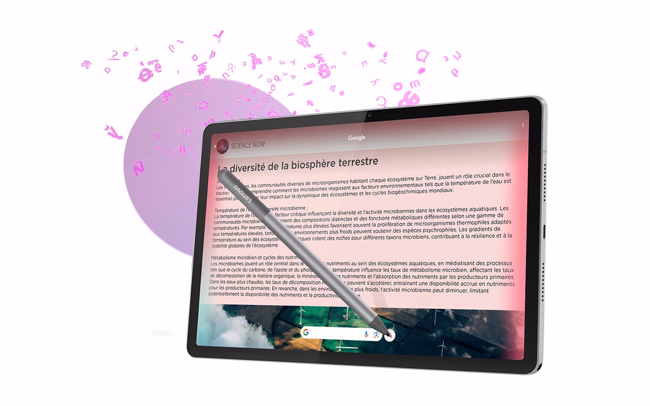 Lenovo Idea Tab 平板和選配的數位筆支援 Circle to Translate 功能,背景中配有相應的圖示。