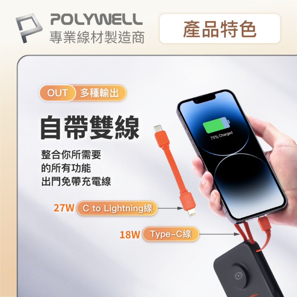 多合一磁吸無線充行動電源 1萬mAh 手機手錶 自帶線USB Type-C 蘋果頭