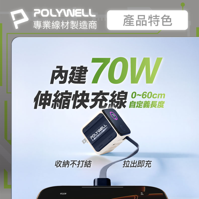70W多模數顯伸縮線快充頭 Type-C+USB孔 氮化鎵GaN電源供應器可充筆電