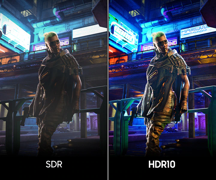 一名男子倚靠在護欄上的場景。HDR10 比 SDR 更清晰、更生動地呈現這一場景。