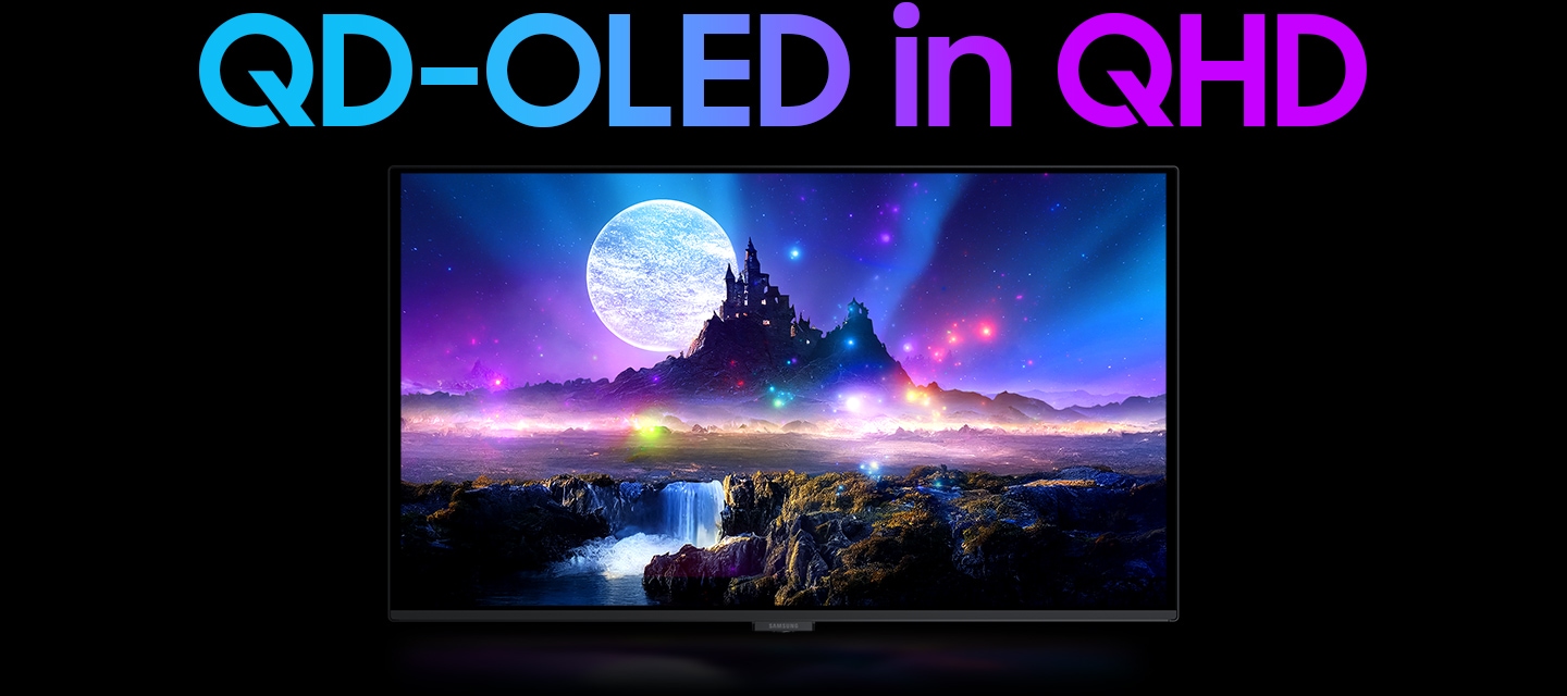 QHD QD-OLED。從上方俯視顯示器。顯示器翻轉以展示螢幕。小像素合併形成一清晰的城堡和瀑布影像。背景中有一顆行星。當它在螢幕中移動時,閃爍著微小的光點。