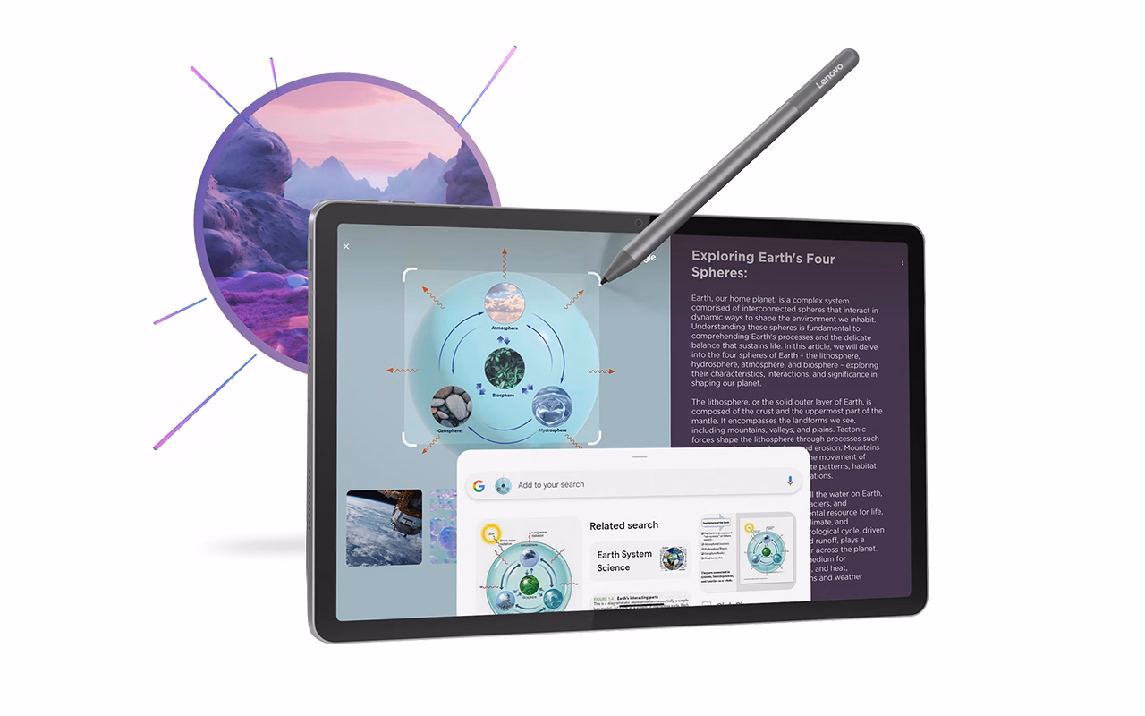 Lenovo Idea Tab 平板電腦和選配的數位筆支援 Circle to Search 功能,背景中帶有相應的圖示。