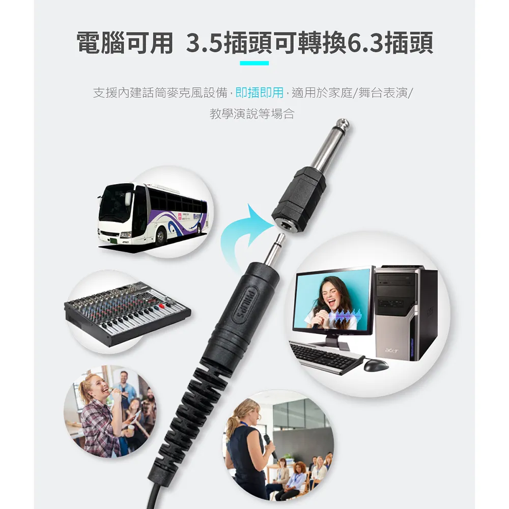 電腦可用 3.5插頭可轉換6.3插頭支援內建話筒麥克風設備,即插即用,適用於家庭/舞台表演/教學演說等場合