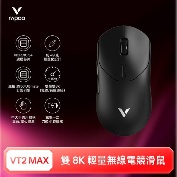 雷柏Rapoo VT2 MAX 輕量雙模雙8K人體工學電競滑鼠-星空黑