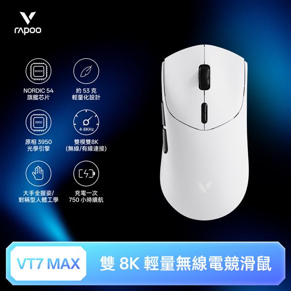 雷柏Rapoo VT7 MAX 輕量雙模雙8K人體工學電競滑鼠-皎月白