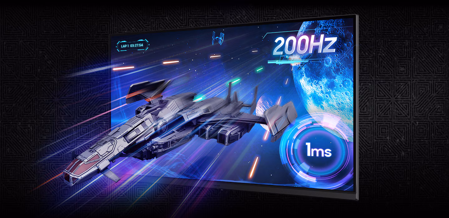 A spaceship is zooming out of the monitor screen. 200Hz refresh rate and 1ms response time.