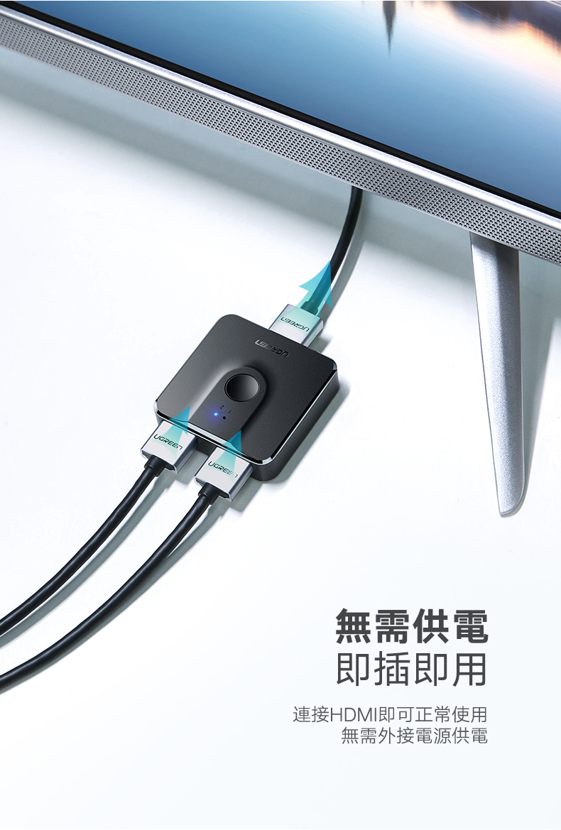綠聯 HDMI切換器 二進一出/一進二出連接HDMI線即可使用，不需外接電源，即插即用