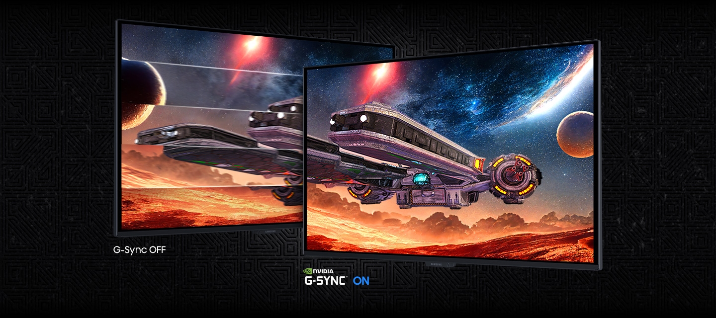 兩個螢幕同時顯示太空中的一艘太空船。NVIDIA G-SYNC OFF 時顯示的影像比 NVIDIA G-SYNC ON 時更不流暢。