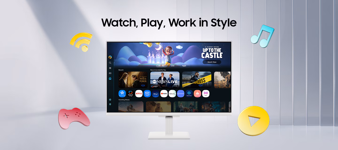 Watch, Play, Work in Style。Samsung 智慧聯網螢幕 M5 周遭有 Wi-Fi、遊戲主機、音樂和播放按鈕圖示。螢幕顯示各種應用程式、內容和 "UP TO THE CASTLE" 的預覽畫面。
