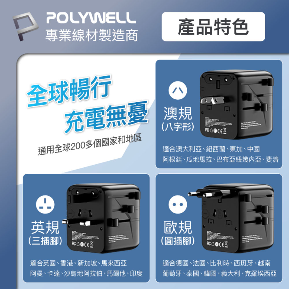 多國旅行充電轉接頭 20W 雙AC插座+雙C+USB快充 萬國旅行充 BSMI免驗