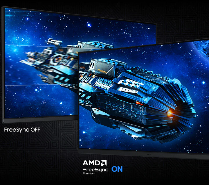 兩個螢幕顯示一艘太空船。FreeSync 關閉時的影像比 AMD FreeSync Premium 開啟時的影像更不連貫。AMD FreeSync Premium 標誌。