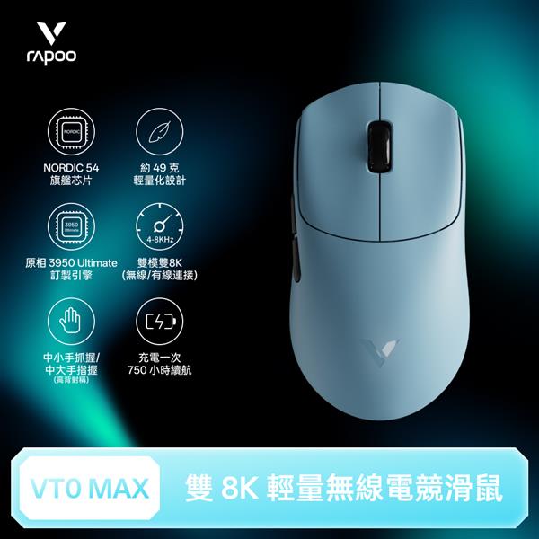 雷柏Rapoo VT0 MAX 輕量雙模雙8K人體工學電競滑鼠-冰晶藍