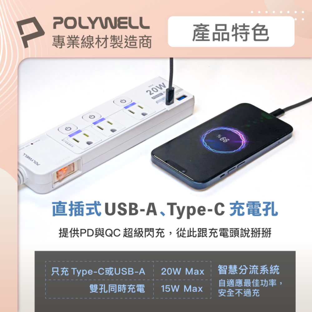 20W快充電源延長線 4切3座 Type-C PD/QC雙協議 過載保護 自動斷電