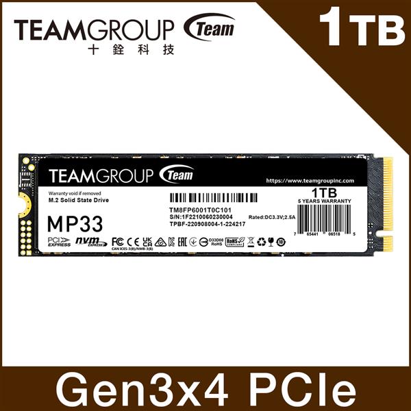 Team 十銓MP33 1TB M.2 PCIe 3.0 SSD 固態硬碟