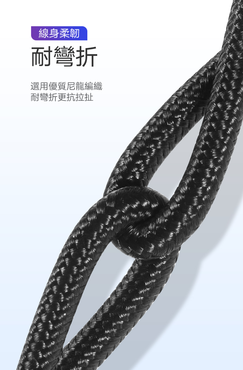 綠聯 USB Type-C快充傳輸線 Aluminum  BRAID版選用優質尼龍編織，線身柔韌耐彎折、抗拉扯