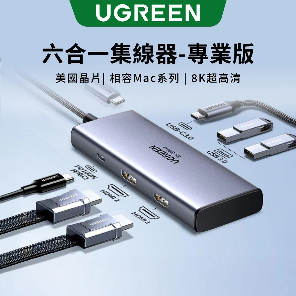 綠聯 六合一Type-C集線器 雙HDMI 高階專業版 支援8K[美國新思晶片]