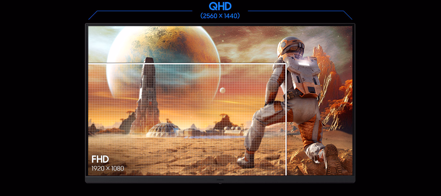 QHD resolution (2560 X 1440) shows a character watching a building from afar, and FHD resolution (1920 X 1080) shows only a part of the character.