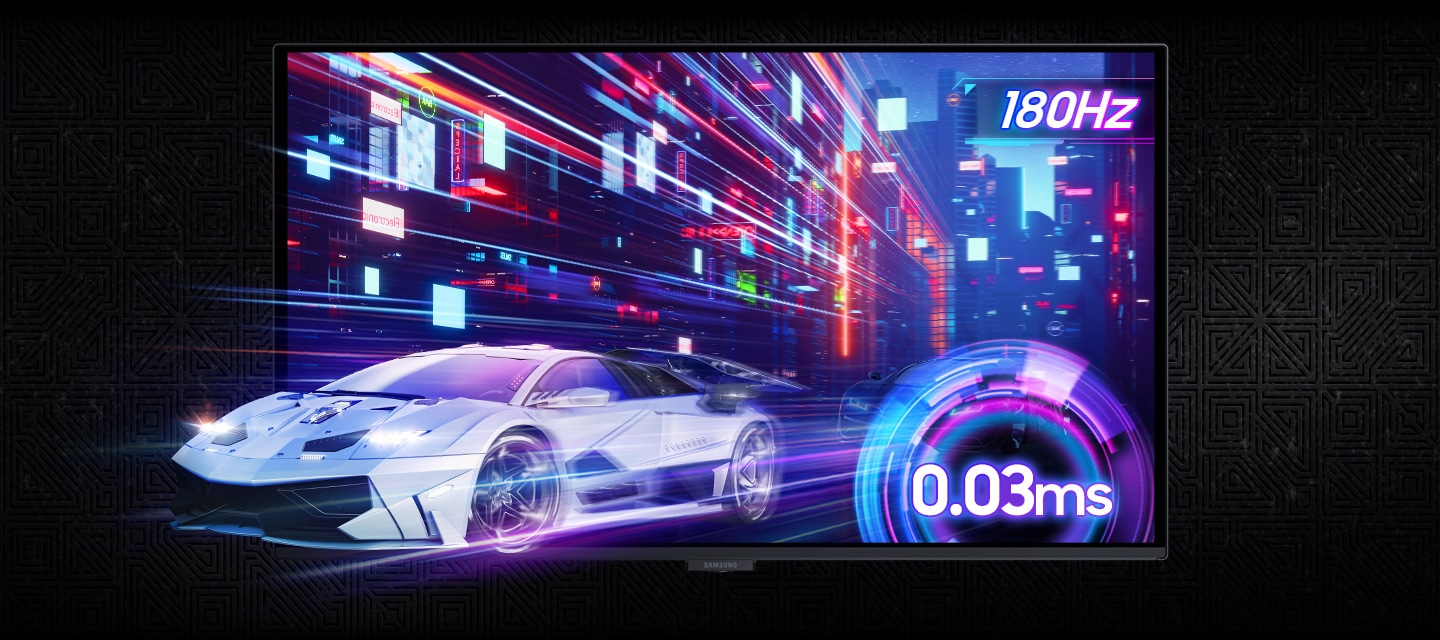 一輛賽車從螢幕上飛馳而出。180Hz 更新頻率和 0.03ms(GtG) 反應時間。