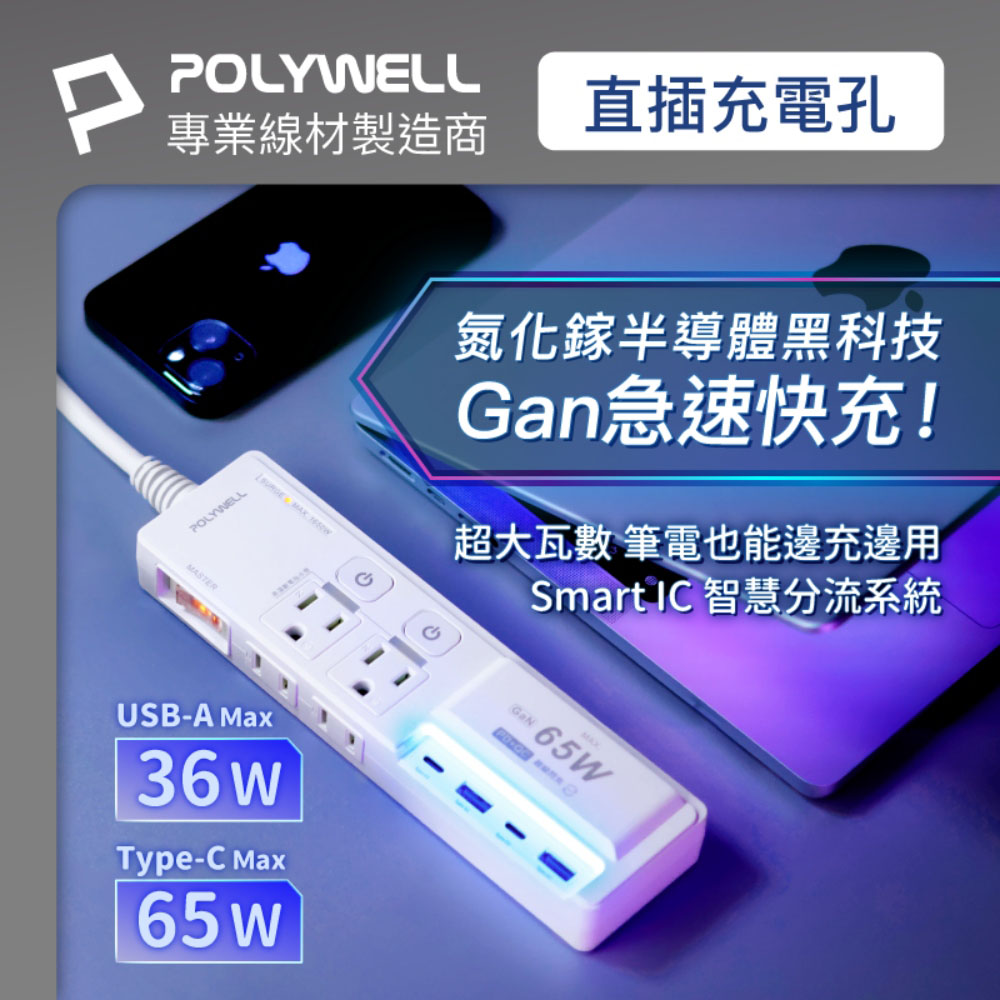 65W USB閃充電源延長線 3切4座 GaN Type-C 過載保護 自動斷電